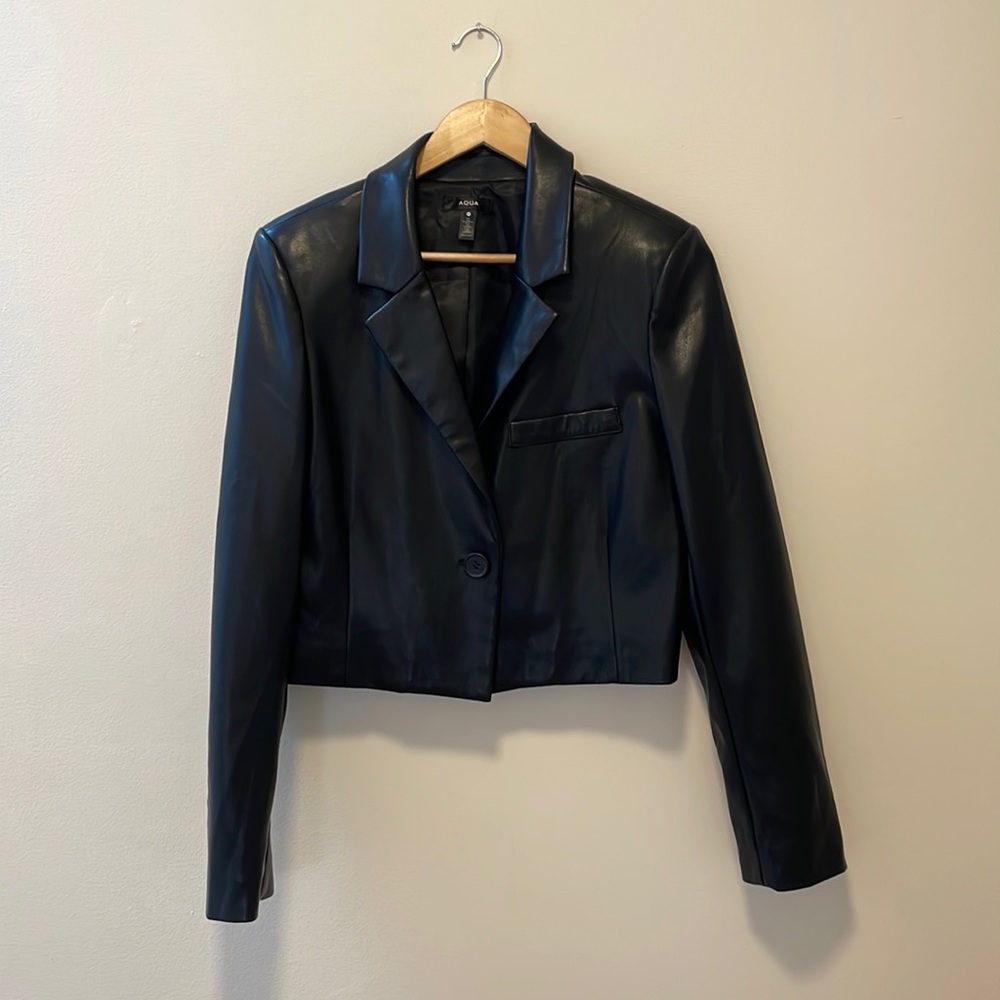 Aqua Cropped Faux-Leather Blazer